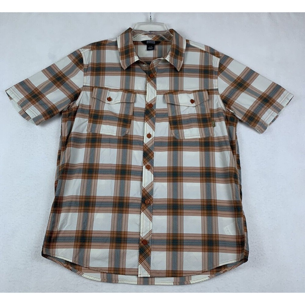 Outdoor Research Wanderer Orange Plaid Short Sleeve Button Down Shirt Mens Large